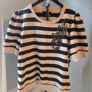 Calligraphie Striped Knit Sweatshirt Top w/ Beaded Floral Detail – XL NWT